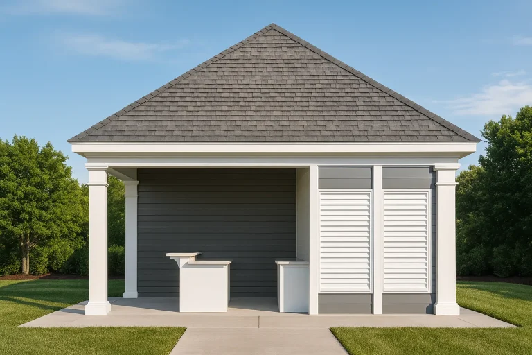 Front elevation of a Neoclassical pool house with traditional columns, hip roof, and horizontal lap siding exterior