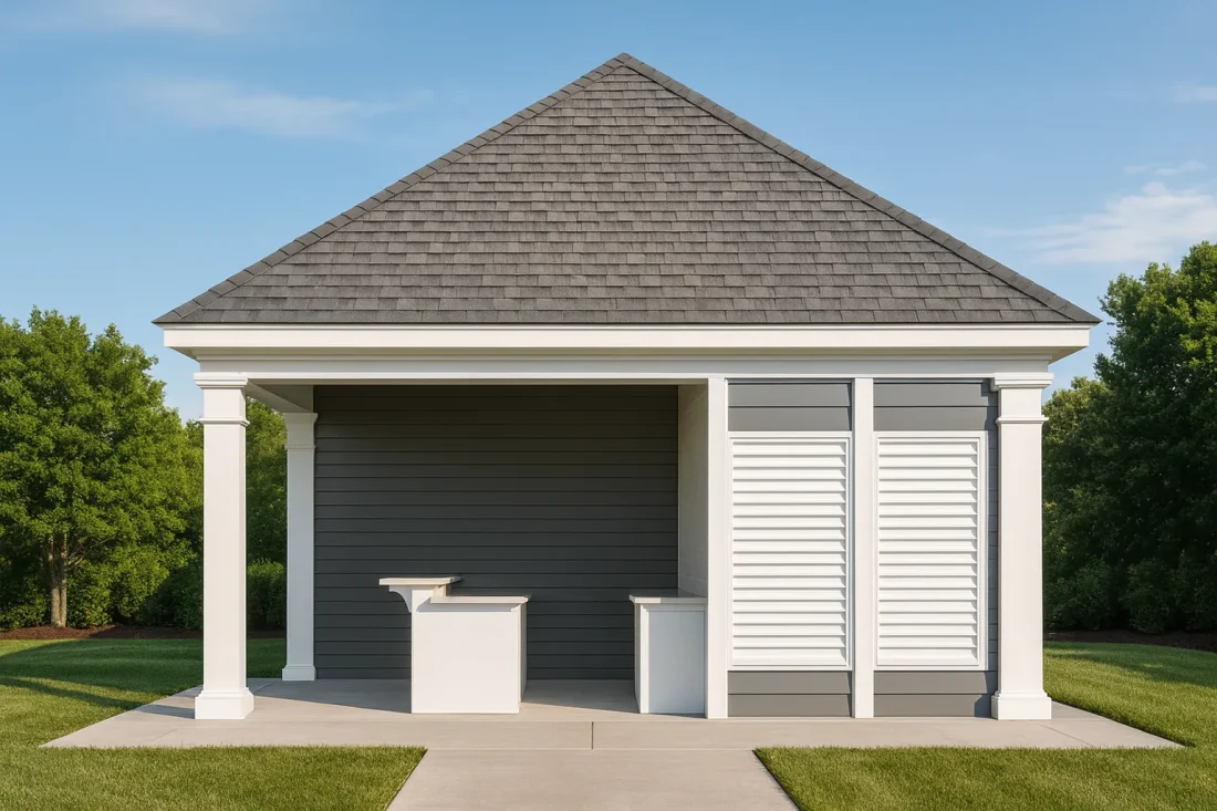 Front elevation of a Traditional Suburban American Cottage style home featuring horizontal lap siding and a compact single-story design