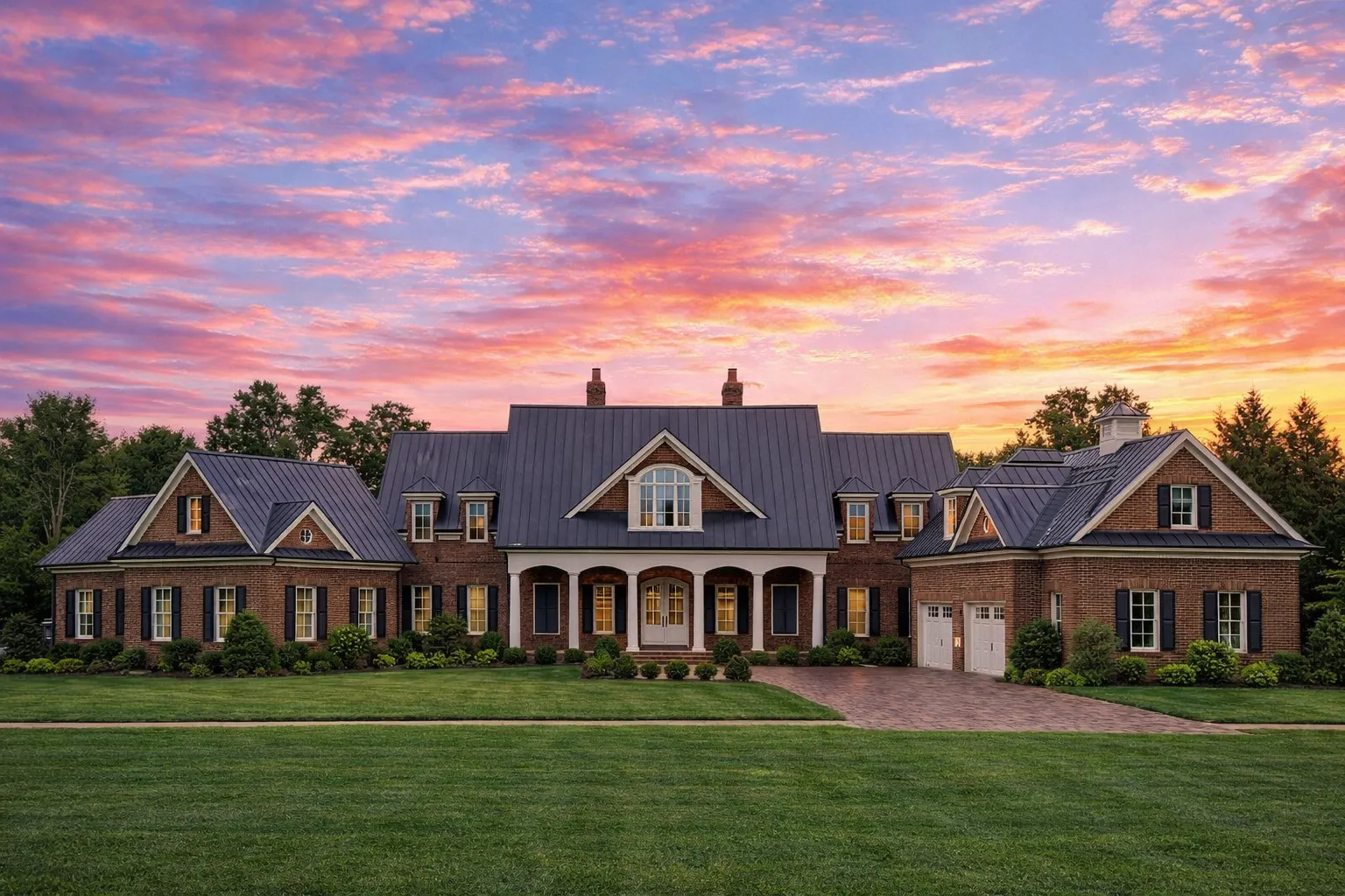 Front elevation of a Classical Southern Neoclassical home with brick exterior, standing seam metal roof, symmetrical design, and columned front porch