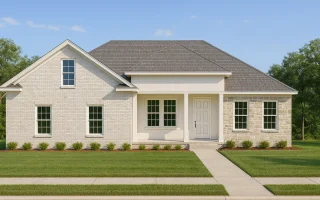 Front elevation of a Traditional Ranch style house featuring a full brick exterior, gabled rooflines, and subtle Colonial-inspired trim and shutters.