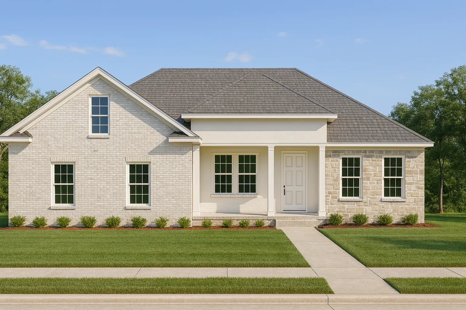 Front elevation of a Traditional Ranch style house featuring a full brick exterior, gabled rooflines, and subtle Colonial-inspired trim and shutters.