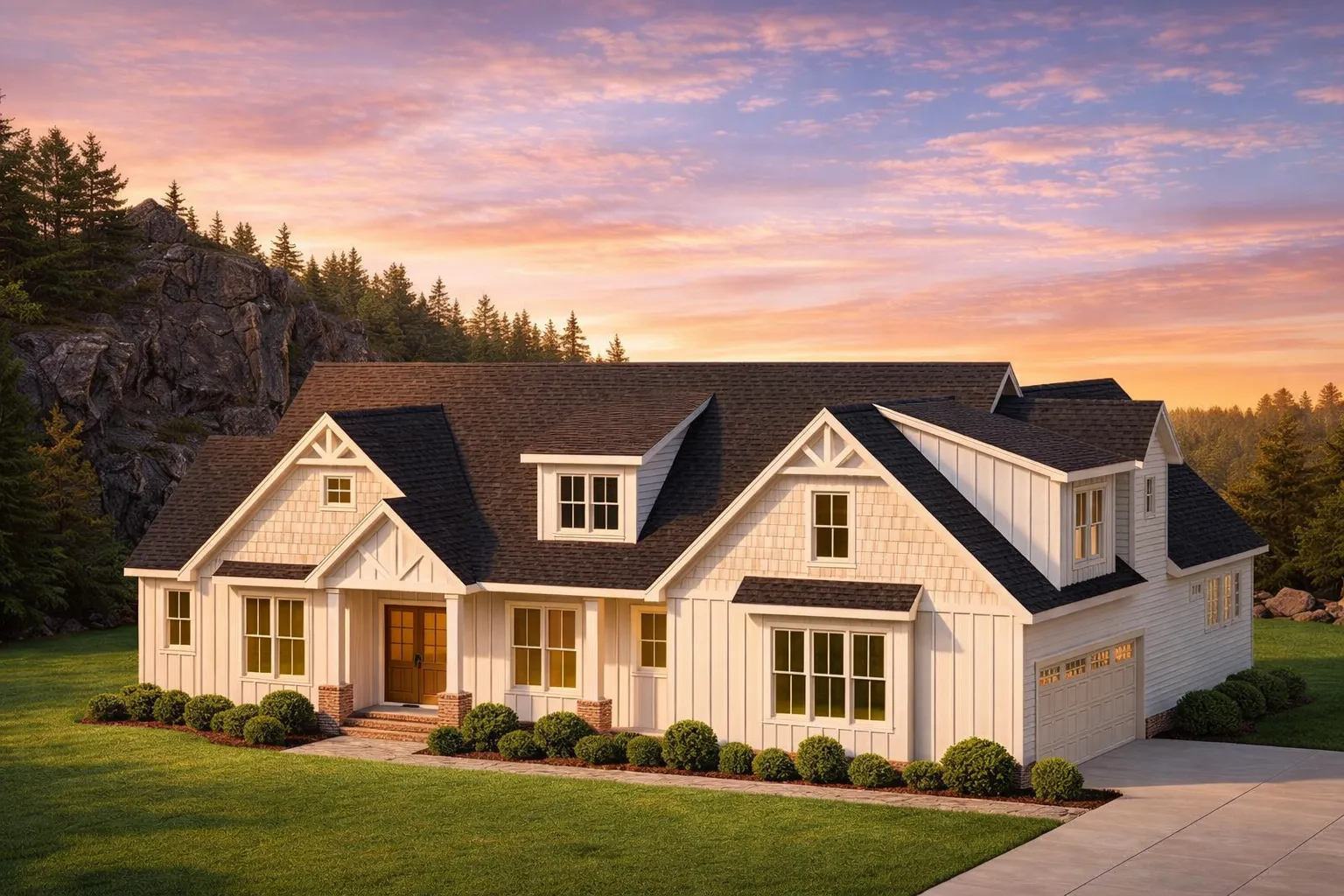 Front elevation of a single-story Craftsman Ranch home with horizontal lap siding, shake gable accents, and covered entry porch