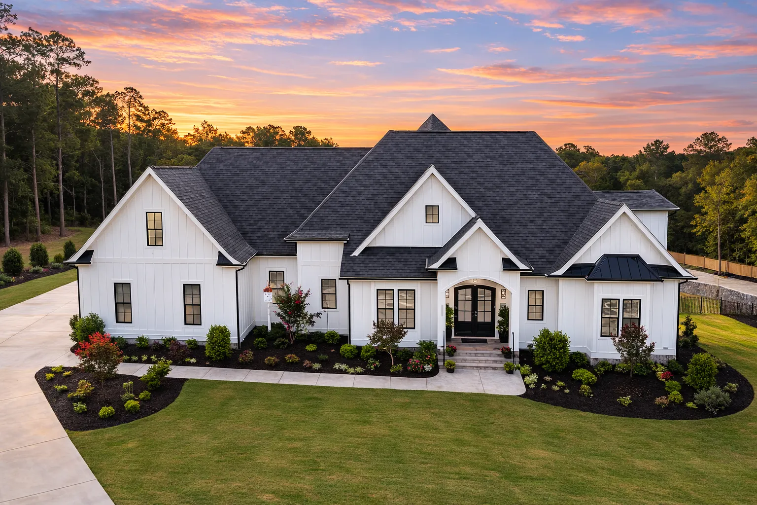 Front exterior view of a modern farmhouse style home featuring white board and batten siding, gabled rooflines, and a welcoming covered entry
