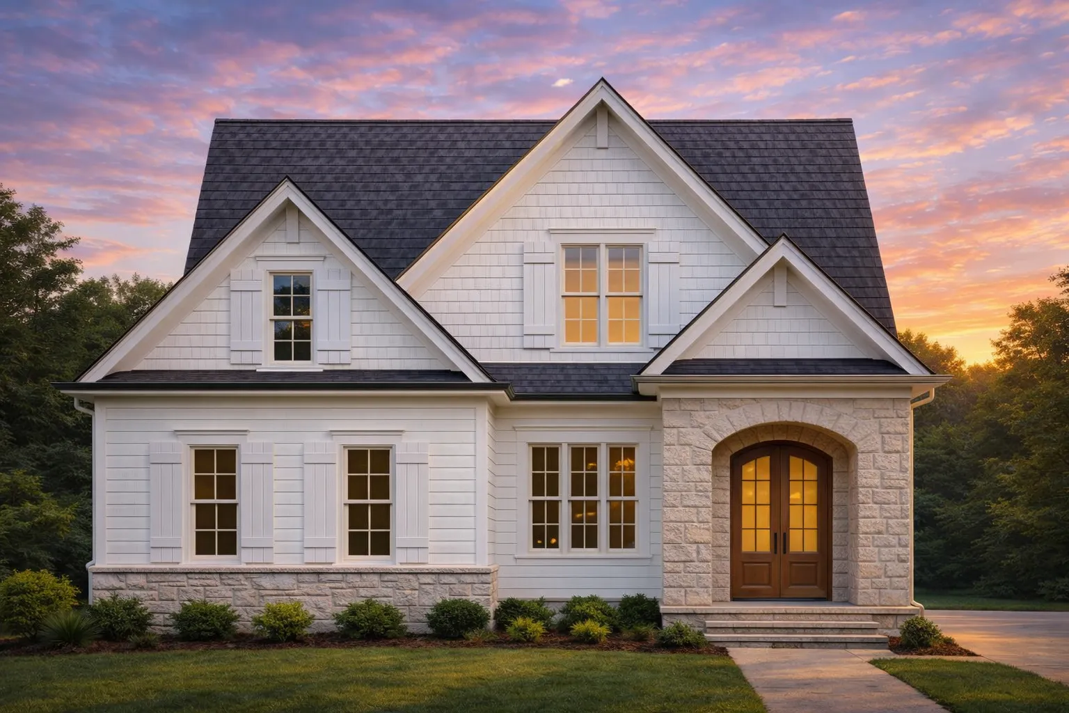 Front elevation of a Traditional Colonial Shingle Style home with stone arch entry, symmetrical windows, and classic wood siding