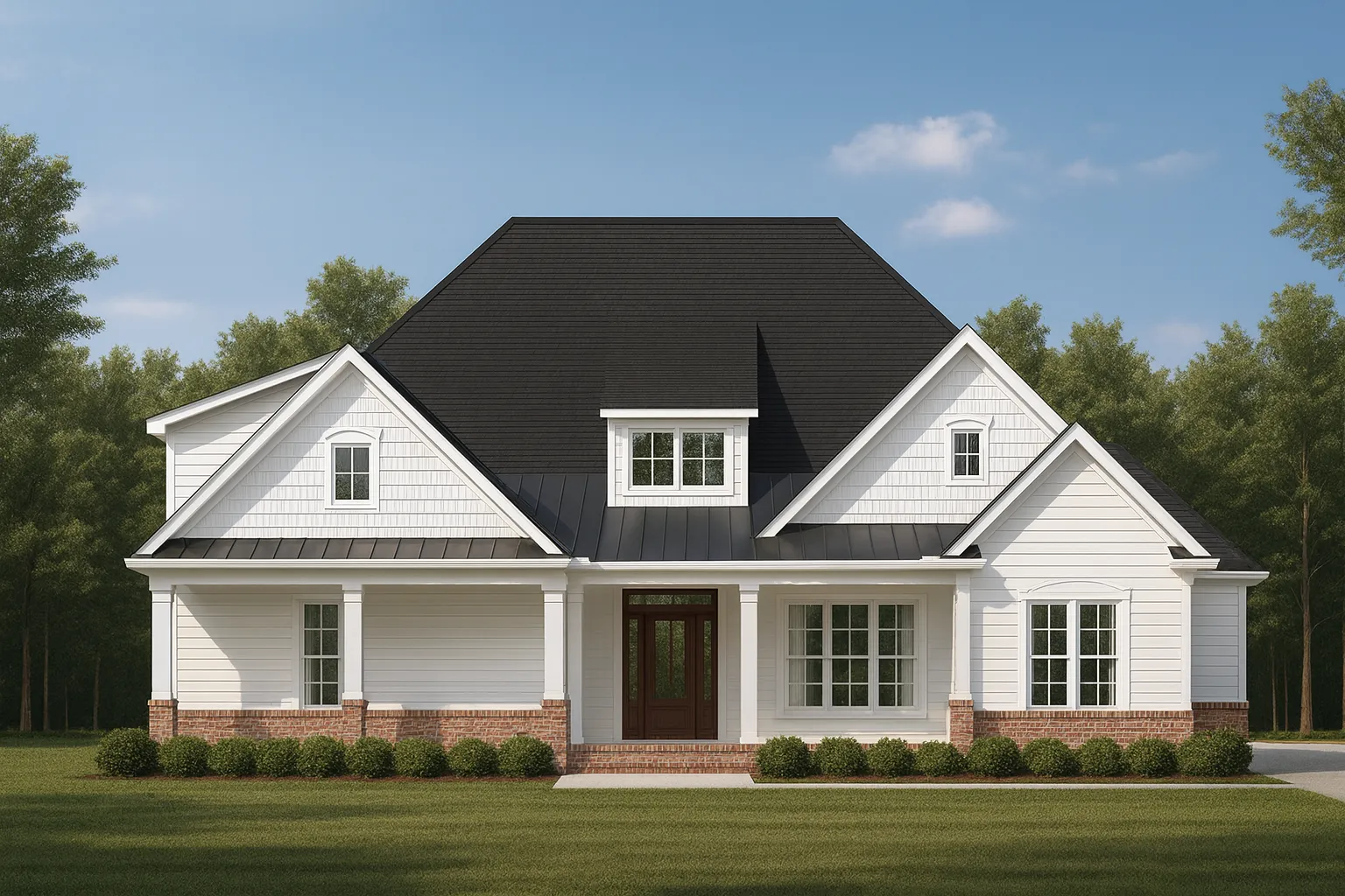 Front elevation of a Traditional Suburban style home featuring horizontal lap siding, stone base accents, gabled rooflines, and symmetrical windows