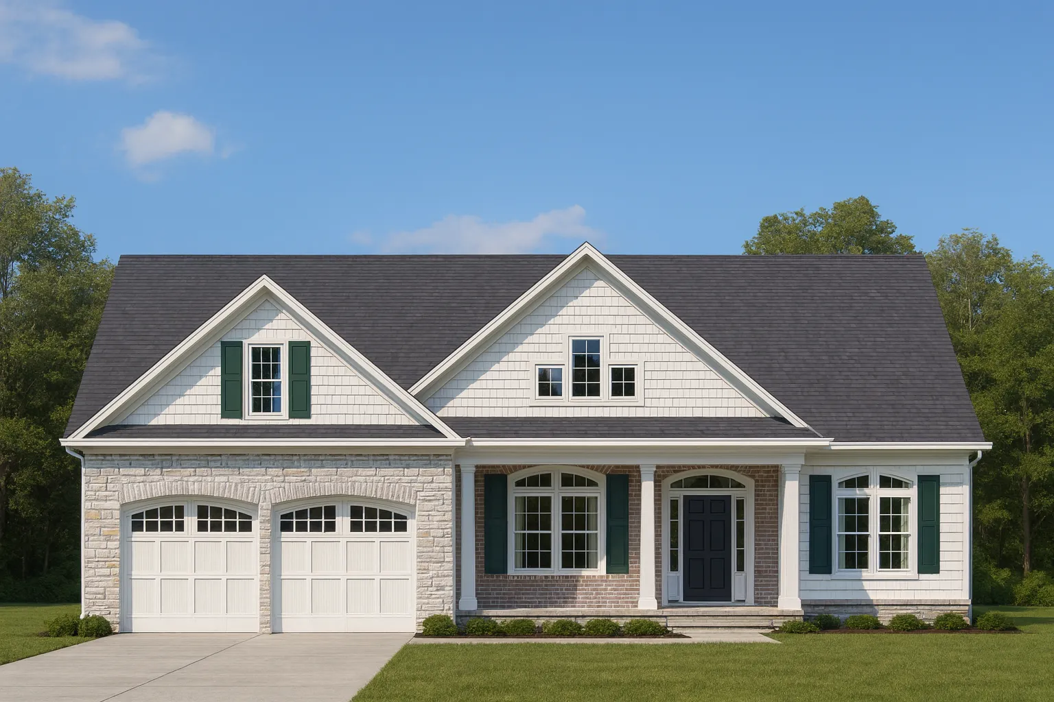 Front view of a Traditional Ranch style home featuring stone and horizontal siding, gabled rooflines, and teal shutters for charming curb appeal