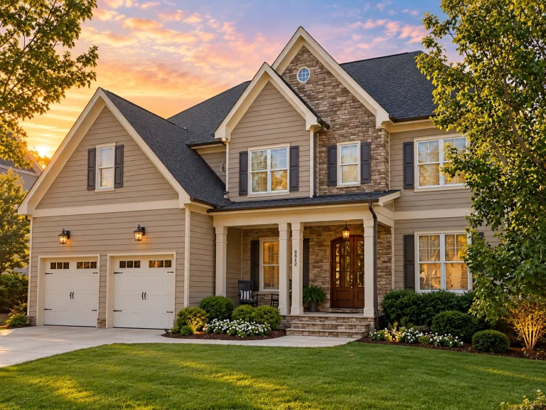 Front elevation of a New American Modern Traditional home featuring horizontal siding, symmetrical gables, covered front porch, and attached two-car garage
