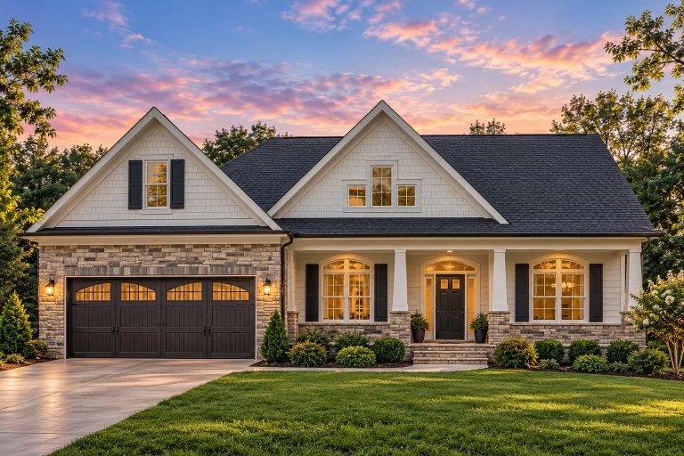 Front view of a Traditional Ranch style home featuring stone and horizontal siding, gabled rooflines, and teal shutters for charming curb appeal