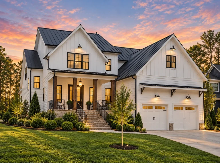 Front elevation of a modern farmhouse style home featuring brick and board and batten siding with a covered porch and gabled rooflines