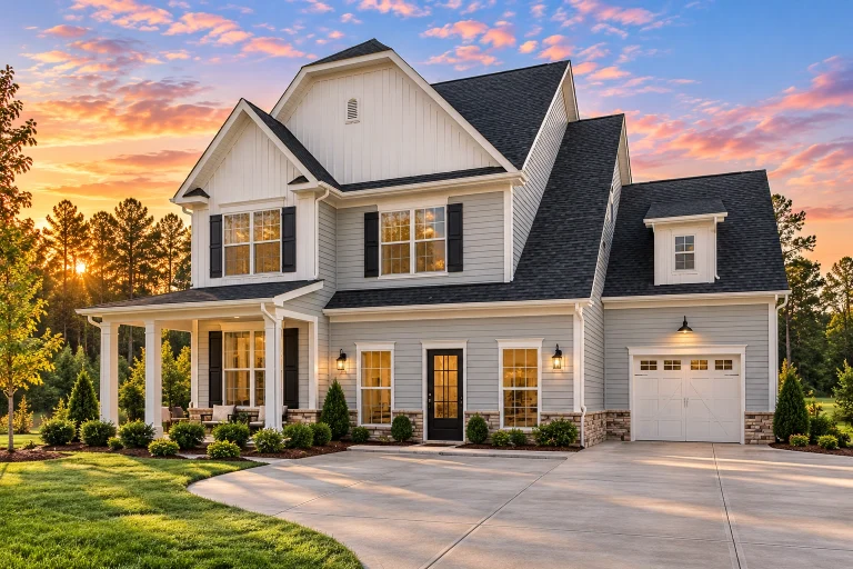 House Plans with Wraparound Porch 12 Front elevation of New American style home with traditional colonial influence, featuring horizontal siding, board and batten gables, and a three-car garage
