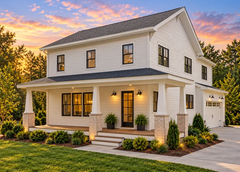 Front elevation of a Traditional Colonial style home with horizontal siding, covered front porch, brick piers, and attached garage