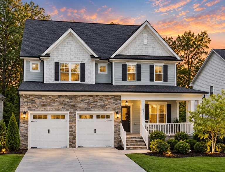 Front elevation of a New American Modern Traditional house with Craftsman accents, horizontal siding, board and batten details, and a covered front porch