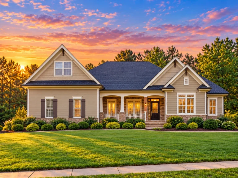 Modern farmhouse home plan with board and batten siding, black shutters, and front porch design