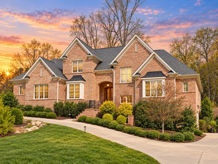 Front elevation of a Neo-Colonial Traditional Colonial home featuring a full brick exterior, symmetrical facade, gabled rooflines, and a formal central entry