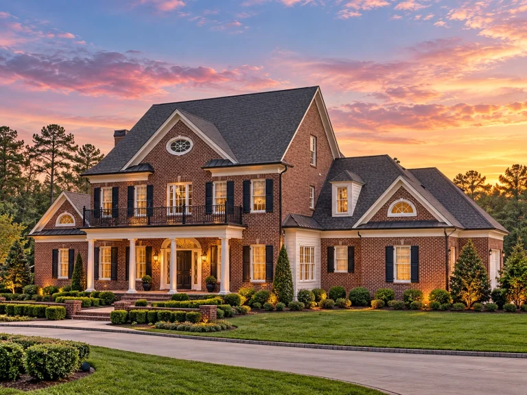 French Country Farmhouse Plans 22 Front exterior view of a Traditional Colonial brick home featuring symmetrical design, columned porch, black shutters, and landscaped grounds
