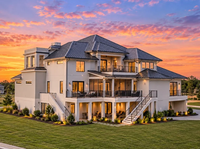 Front exterior view of a Coastal Contemporary home with horizontal siding, elevated entry, large windows, and modern coastal architecture