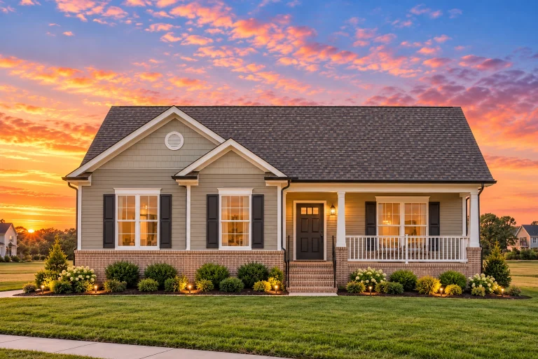 Front elevation of a Traditional Cottage Ranch house featuring white siding, black shutters, and a brick foundation with a welcoming covered porch