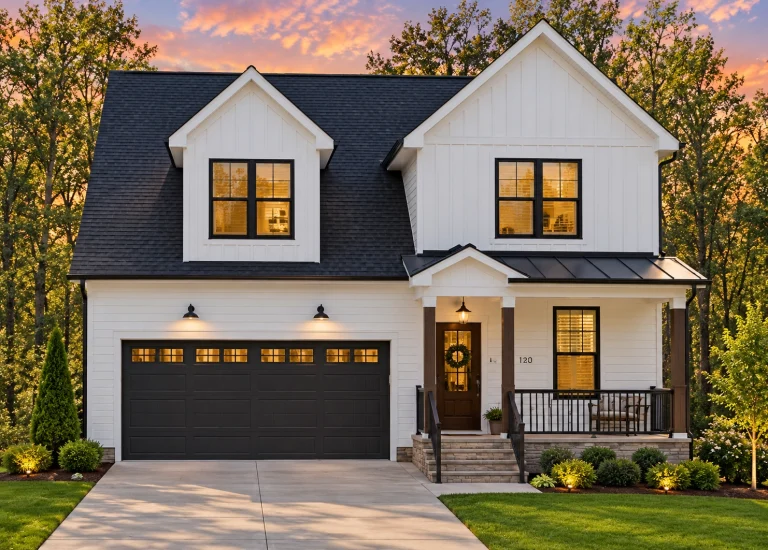 Front view of a Traditional Ranch Cottage home featuring horizontal siding, brick foundation, and a welcoming covered porch with classic columns