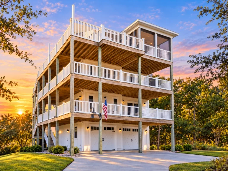 Elevated Coastal Beach style home with multiple wraparound porches, wood siding, pier foundation, and classic Low Country architecture