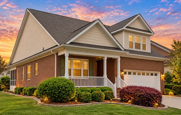 Front elevation of a Traditional Colonial style home featuring a stone and horizontal siding exterior, gable rooflines, and welcoming front porch entry