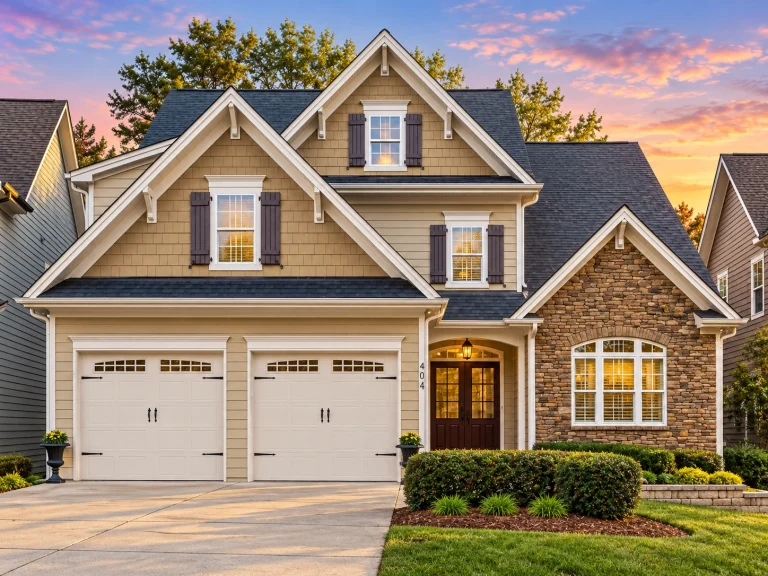 Front exterior of a New American style home with stone veneer, lap siding, double garage, and symmetrical gabled rooflines