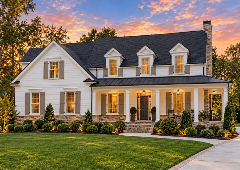 Front elevation of Traditional Colonial style home with white lap siding, brick foundation, symmetrical dormers, and full-width covered porch at sunset