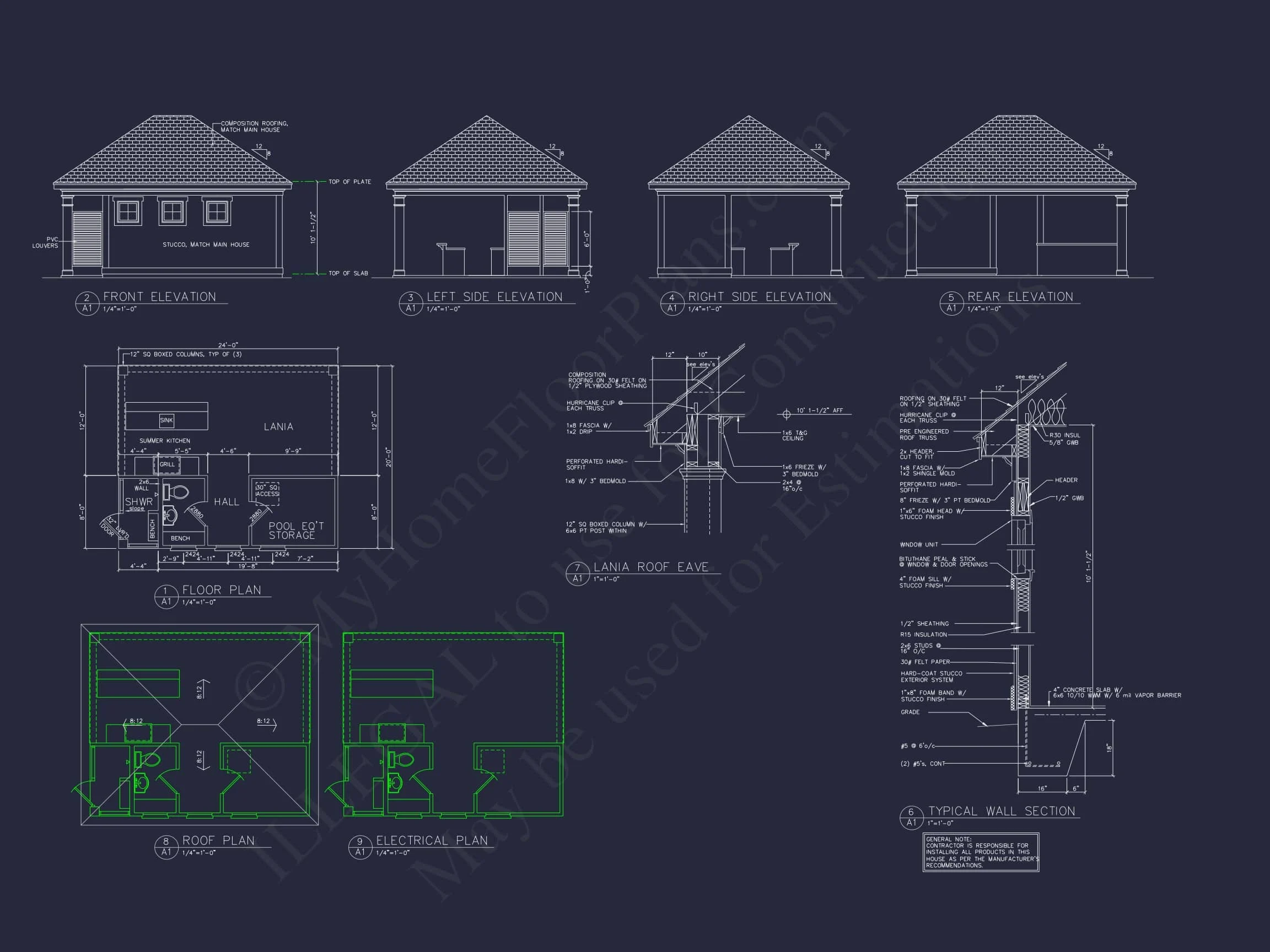 16-1368 POOLHOUSE - Modern Poolhouse Design with Lanai and Floor Plan Blueprint 2 Modern Poolhouse Design with Lanai and Floor Plan Blueprint