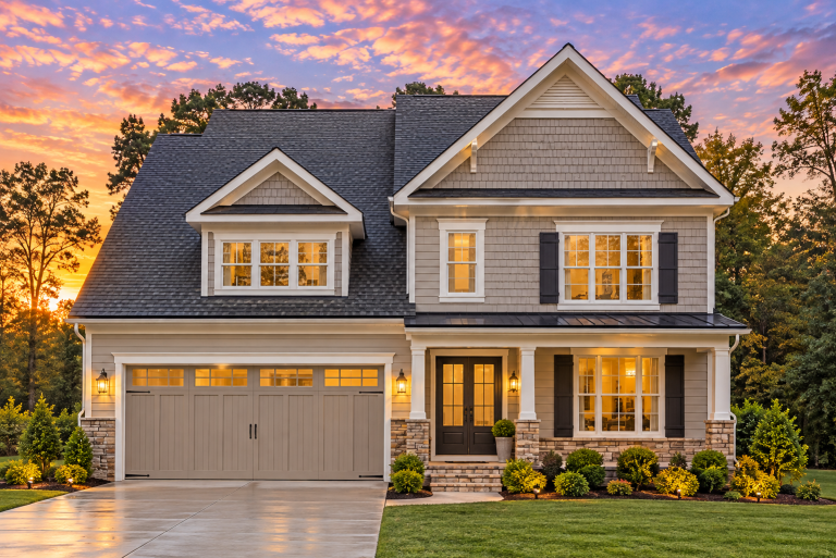 Front elevation of a Traditional Colonial style home featuring brick exterior, lap siding, symmetrical windows, and covered front porch