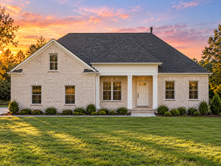 Front elevation of a Traditional Ranch style house featuring a full brick exterior, gabled rooflines, and subtle Colonial-inspired trim and shutters.