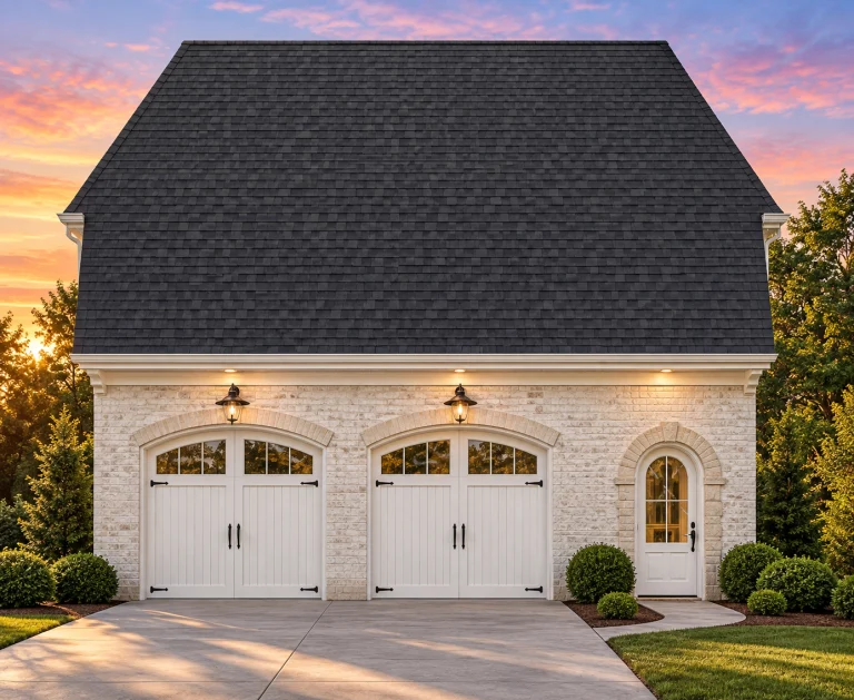 French Country style carriage house garage with smooth stucco exterior, arched openings, and wood carriage doors