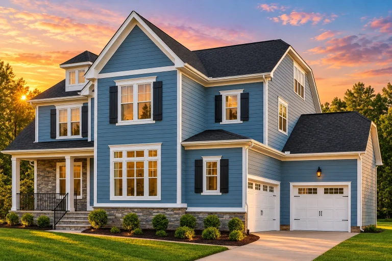 Front elevation of a New American Colonial style home with blue horizontal siding, white trim, covered porch, and attached garage
