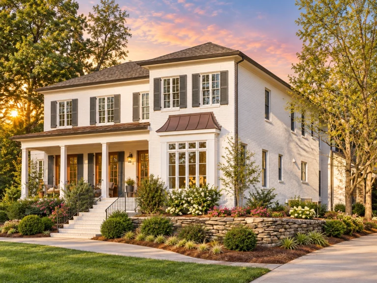 Front elevation of a Traditional Colonial style home featuring painted clapboard siding, symmetrical windows, and a classic covered front porch