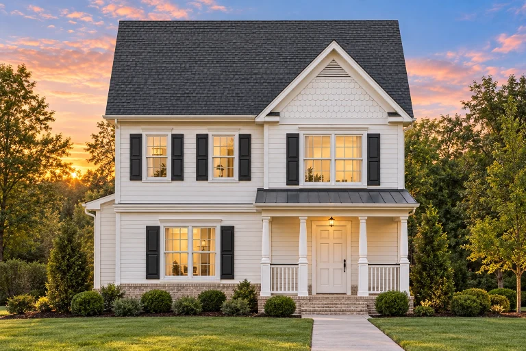 Contemporary House Plans 7 Front elevation of a Traditional Colonial style house featuring horizontal siding, stone accents, and a symmetrical façade with black shutters and covered porch