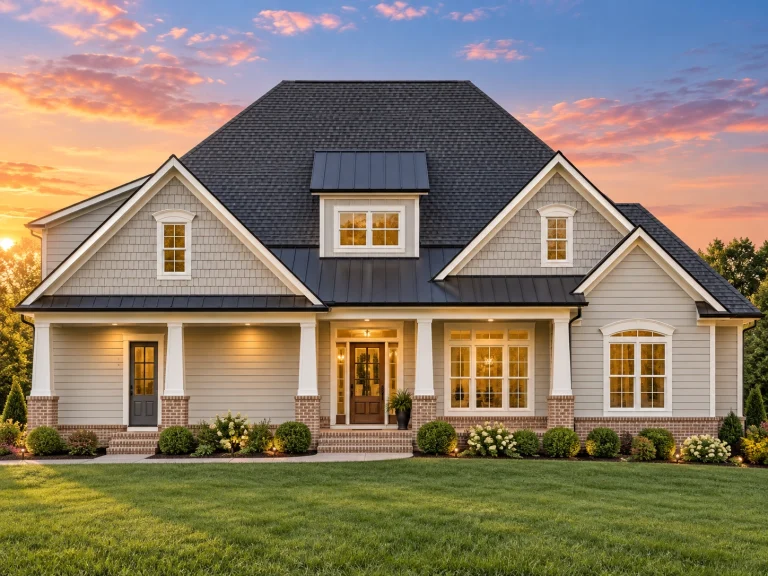 Front elevation of a New American Traditional house with horizontal lap siding, brick foundation accents, and balanced gable rooflines