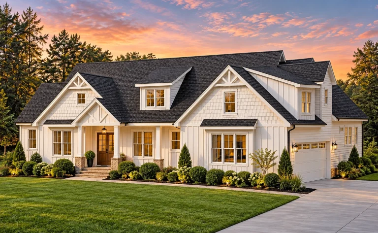 House Plans with Recreation Room 2 Front elevation of a single-story Craftsman Ranch home with horizontal lap siding, shake gable accents, and covered entry porch