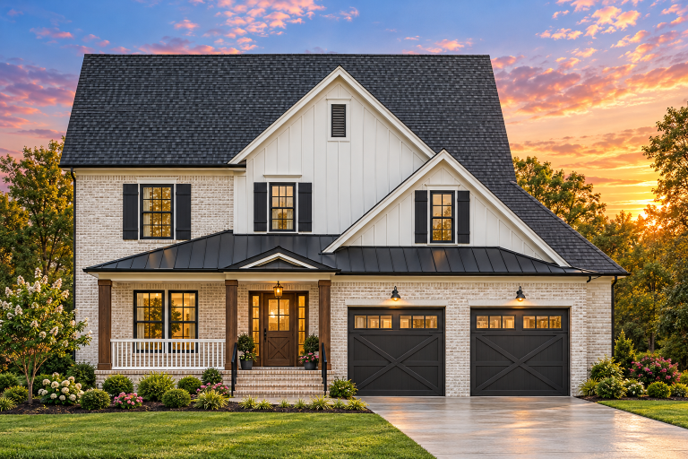 Front elevation of a New American modern traditional house featuring board and batten siding, brick exterior, covered porch, and double garage