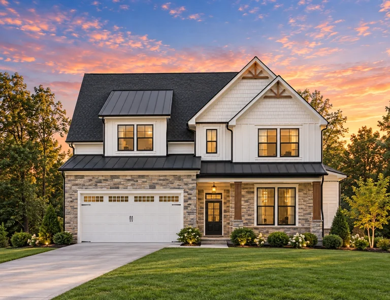 Front view of a Traditional Colonial style home featuring horizontal siding, brick accents, and symmetrical windows with black shutters