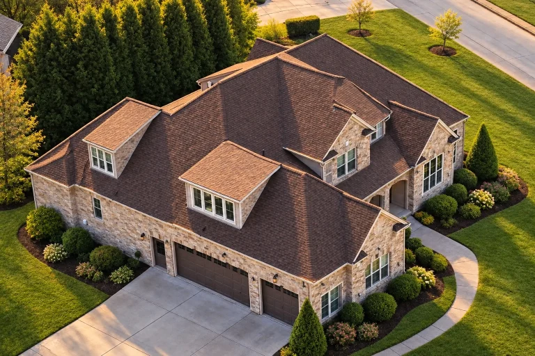 Aerial view of French Country style luxury home with brick exterior, steep hipped rooflines, dormer windows, and side-entry garage