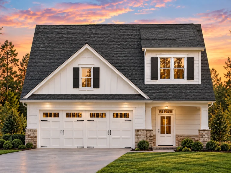 Front view of a two-story Traditional and New American style home featuring light horizontal siding, dark shutters, and a welcoming covered entry
