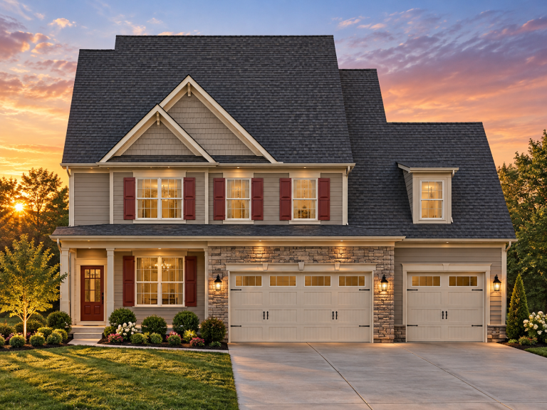 French Provincial House Plans 1 Front elevation of a Traditional Colonial style two-story home with horizontal siding, stone-accented garage, symmetrical windows, and gabled roof