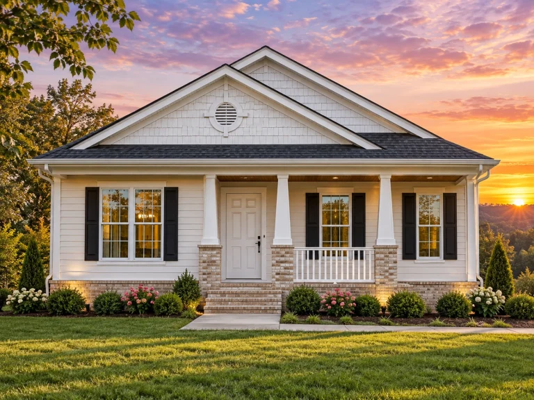 Contemporary House Plans 12 Front elevation of a Traditional Ranch style home featuring cream horizontal siding, dark shutters, a central entry porch, and symmetrical classic suburban curb appeal