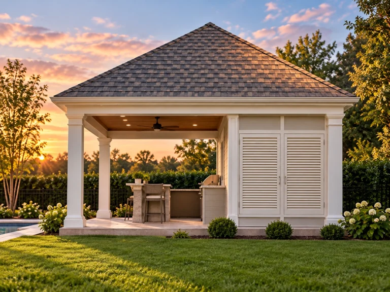 Front elevation of a Neoclassical pool house with traditional columns, hip roof, and horizontal lap siding exterior