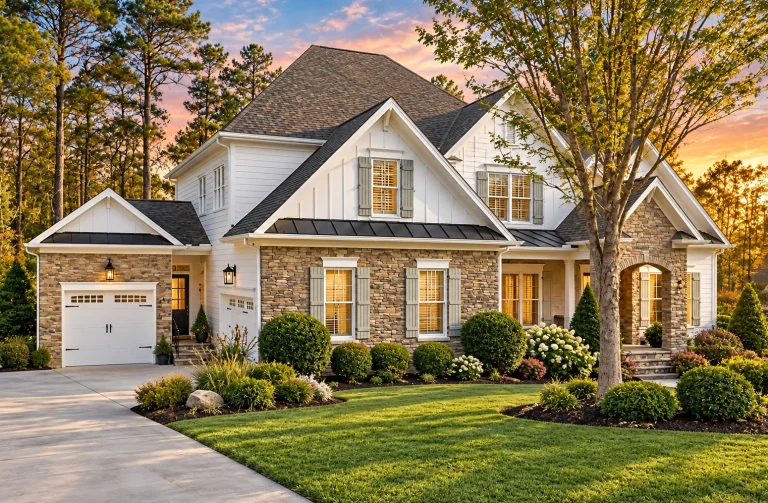 Craftsman House Plans 11 Front exterior view of a New American modern traditional house featuring stone and brick façade, symmetrical gables, shuttered windows, and landscaped entry
