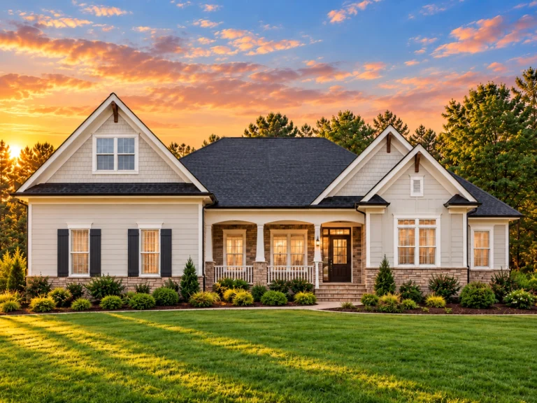 Modern farmhouse home plan with board and batten siding, black shutters, and front porch design