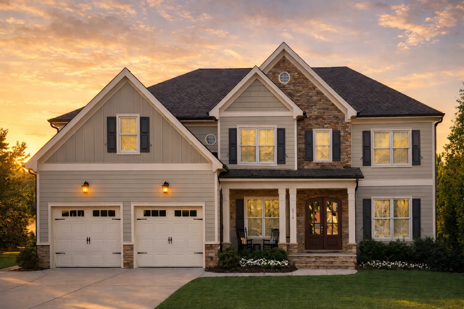 Front elevation of a New American Modern Traditional home featuring horizontal siding, symmetrical gables, covered front porch, and attached two-car garage