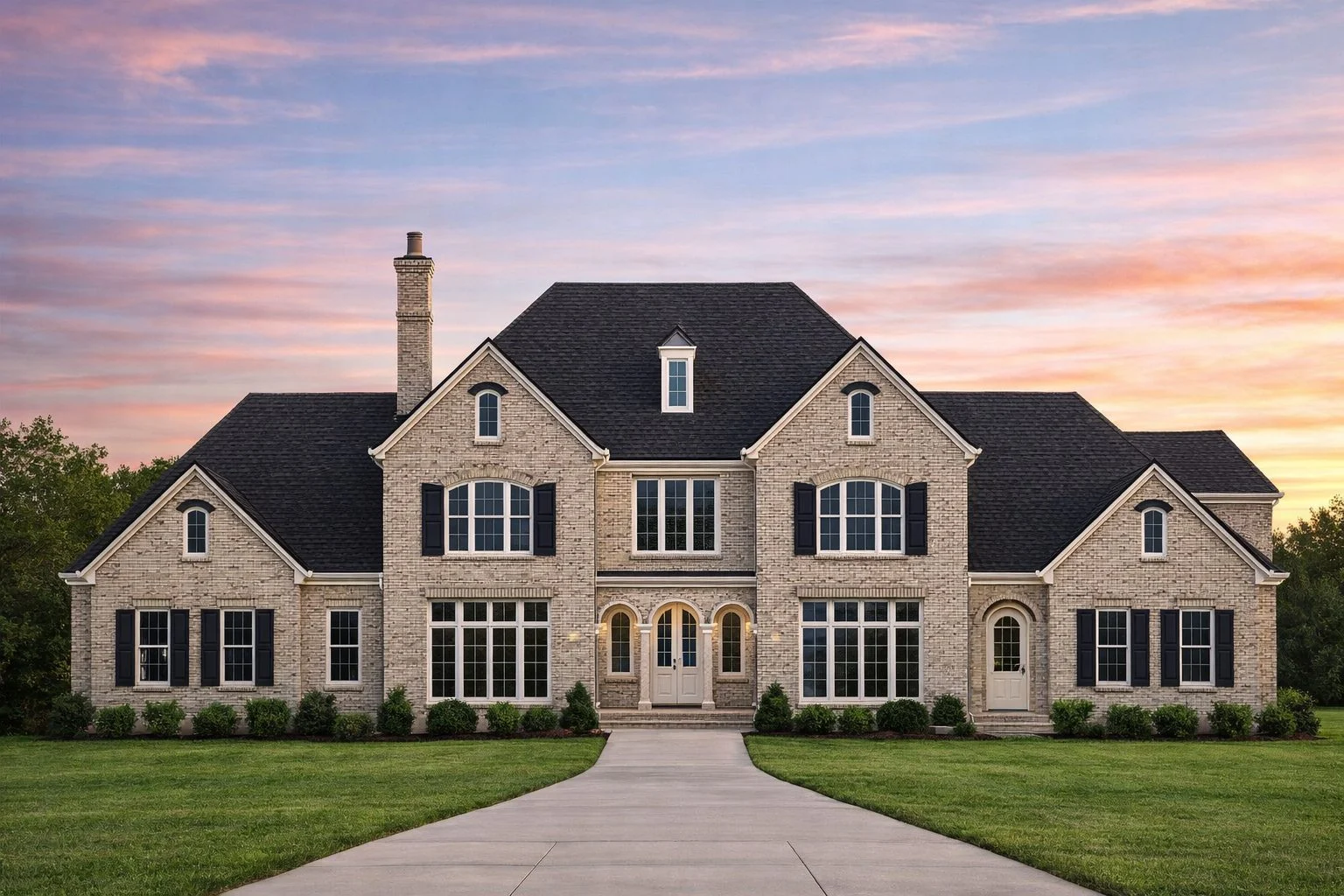 Front elevation of a Georgian Colonial style home featuring red brick exterior, symmetrical windows, central entry, and classic colonial detailing