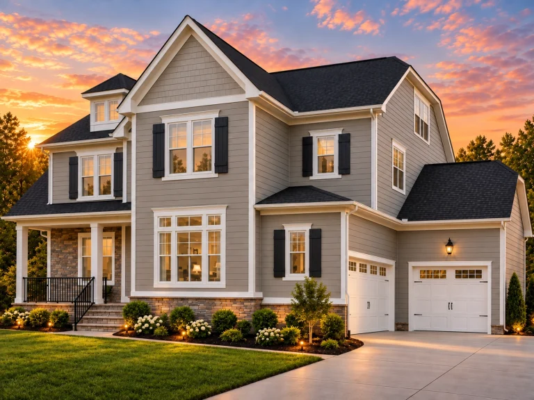 Front elevation of a New American Colonial style home with blue horizontal siding, white trim, covered porch, and attached garage