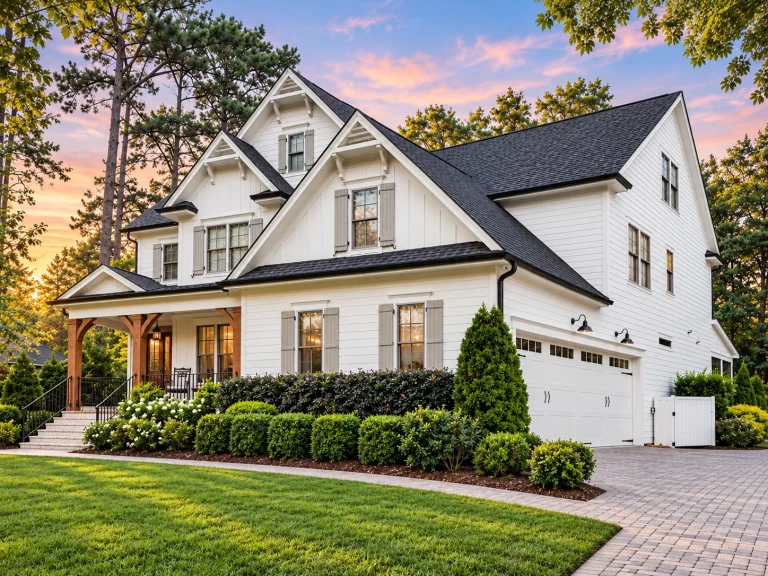 Front elevation of a modern farmhouse style home with board and batten siding, gabled rooflines, shutters, and a covered front porch surrounded by mature landscaping