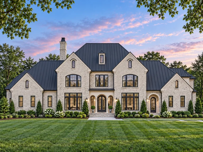 Front elevation of a Georgian Colonial style home featuring red brick exterior, symmetrical windows, central entry, and classic colonial detailing