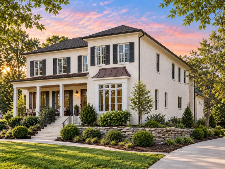 Modern Suburban House Plans 14 Front elevation of a Traditional Colonial style home featuring painted clapboard siding, symmetrical windows, and a classic covered front porch